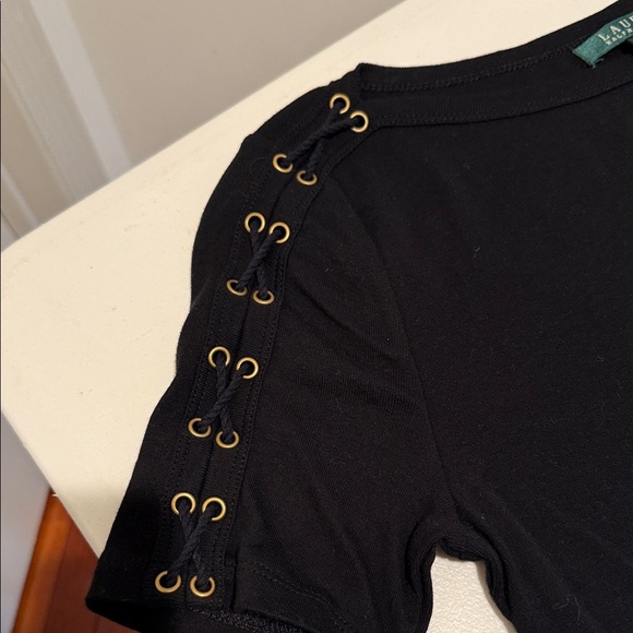 NWT Lauren Ralph Lauren Black Short Sleeve Cotton Crewneck Rope Tie Sleeves. M - Picture 5 of 7